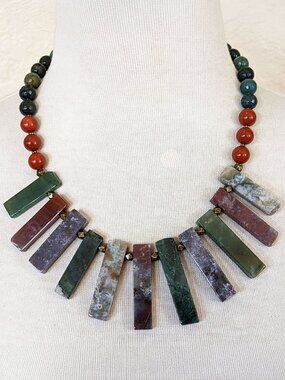 Southwestern Forest Green & Red Jasper Rustic Bib Statement Necklace